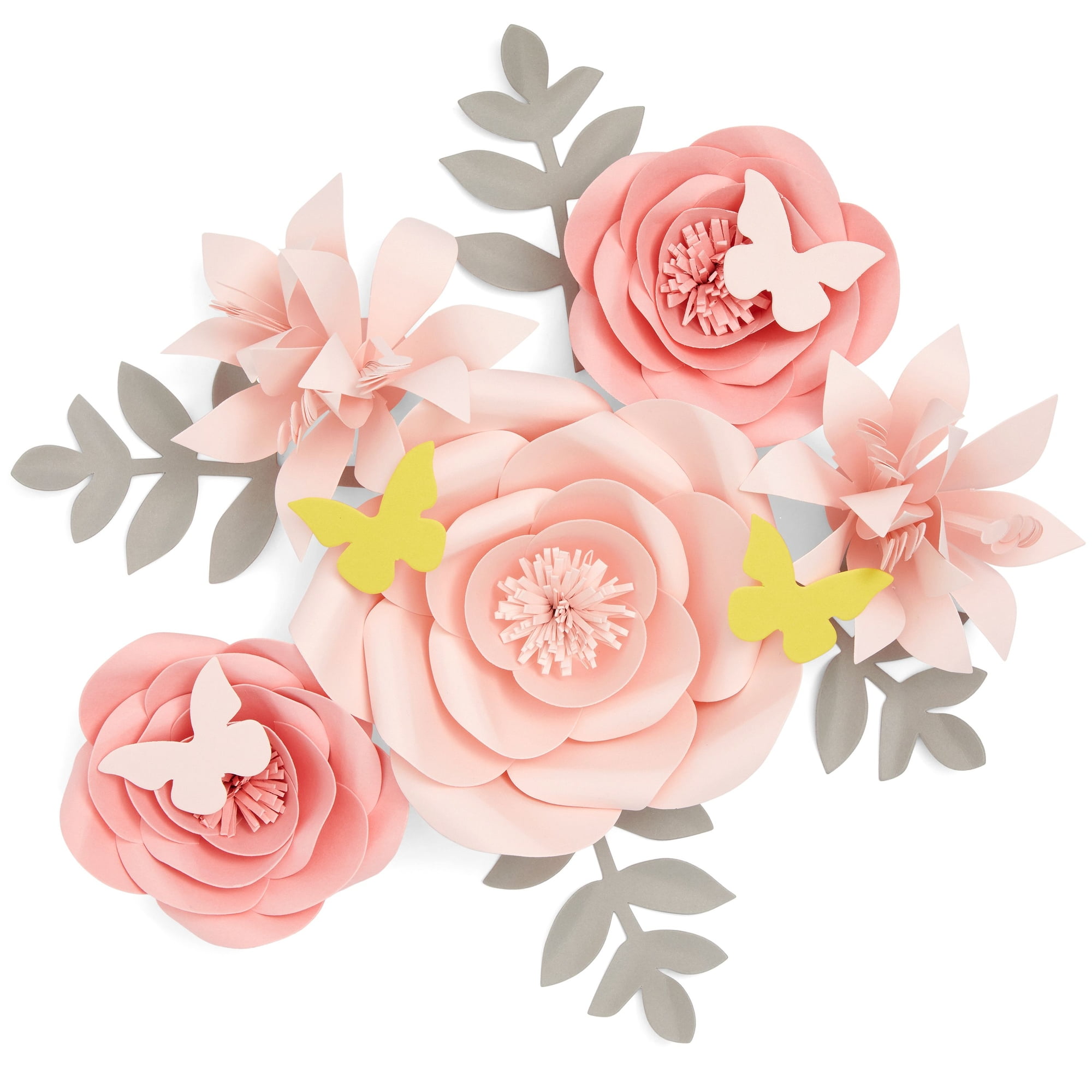 13 Pieces 3D Paper Flowers Decorations For Wall Decor, Pink Floral  Ornamentation with Lilies, Butterflies