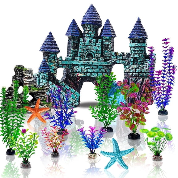 13 Pieces Fish Tank Decorations Kit, Fish Tank Accessories Small Resin Castle and Rockery Betta Fish Cave Hideout Artificial Plastic Plants