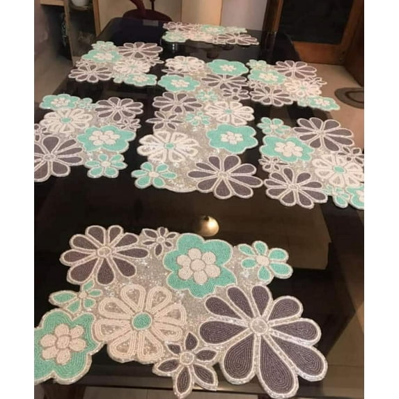 13 Pieces Dining Set Floral Table Runner And Placemats With Coaster, Designer Beaded Fall Tableware