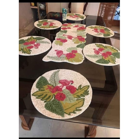 13 Pieces Flamingo Dining Set With 1 Table Runner, 6 Placemats And 6 Coaster, Handmade Beaded Table Runner And Placemats Set