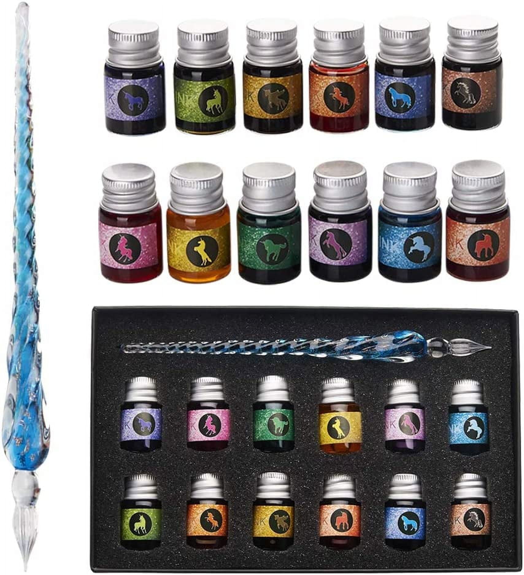 13 Pieces Glass Dipped Pen Ink Set, Handmade Crystal Calligraphy Pen with 12 Colorful India Ink for Art, Signatures, Drawing, Decoration,  Gift for Artist