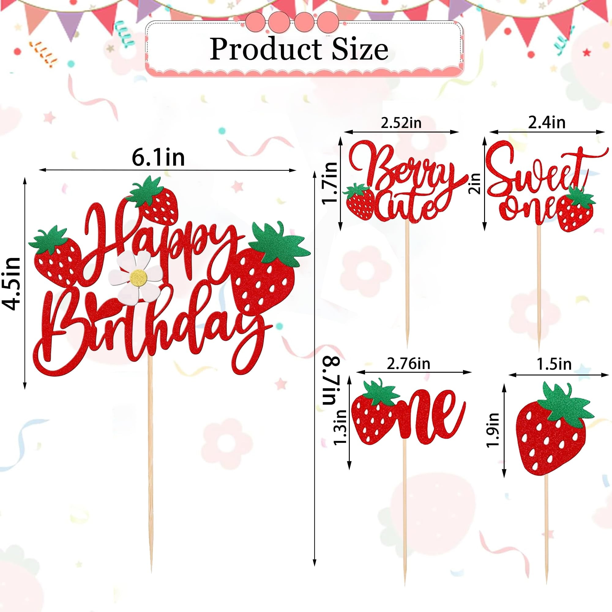 Strawberry Happy Birthday Cake Topper With Glitter Flower Fruit Theme...