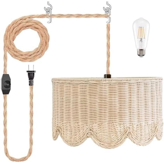 13" Plug in Scalloped Pendant Light, Rattan Hanging Lights with Plug in Cord 15FT Hemp Rope Cord, Dimmable Switch Indoor Hanging Lamps for Boho Living Room Bedroom (Bulb Included)