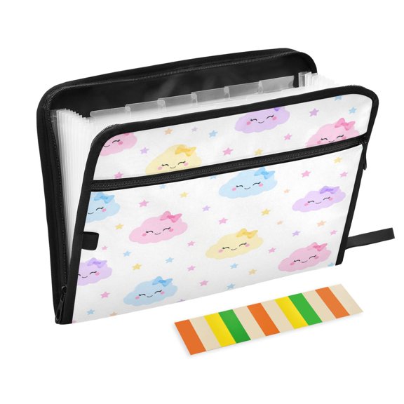 13-Pocket Expandable File Folder Waterproof Accordion Organizer with Colorful Label Tabs Cute Clouds with Stars Pattern