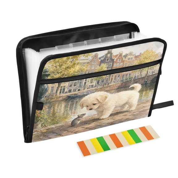 13-Pocket Expandable File Folder Waterproof Accordion Organizer with Colorful Label Tabs Cute Dog and Mouse