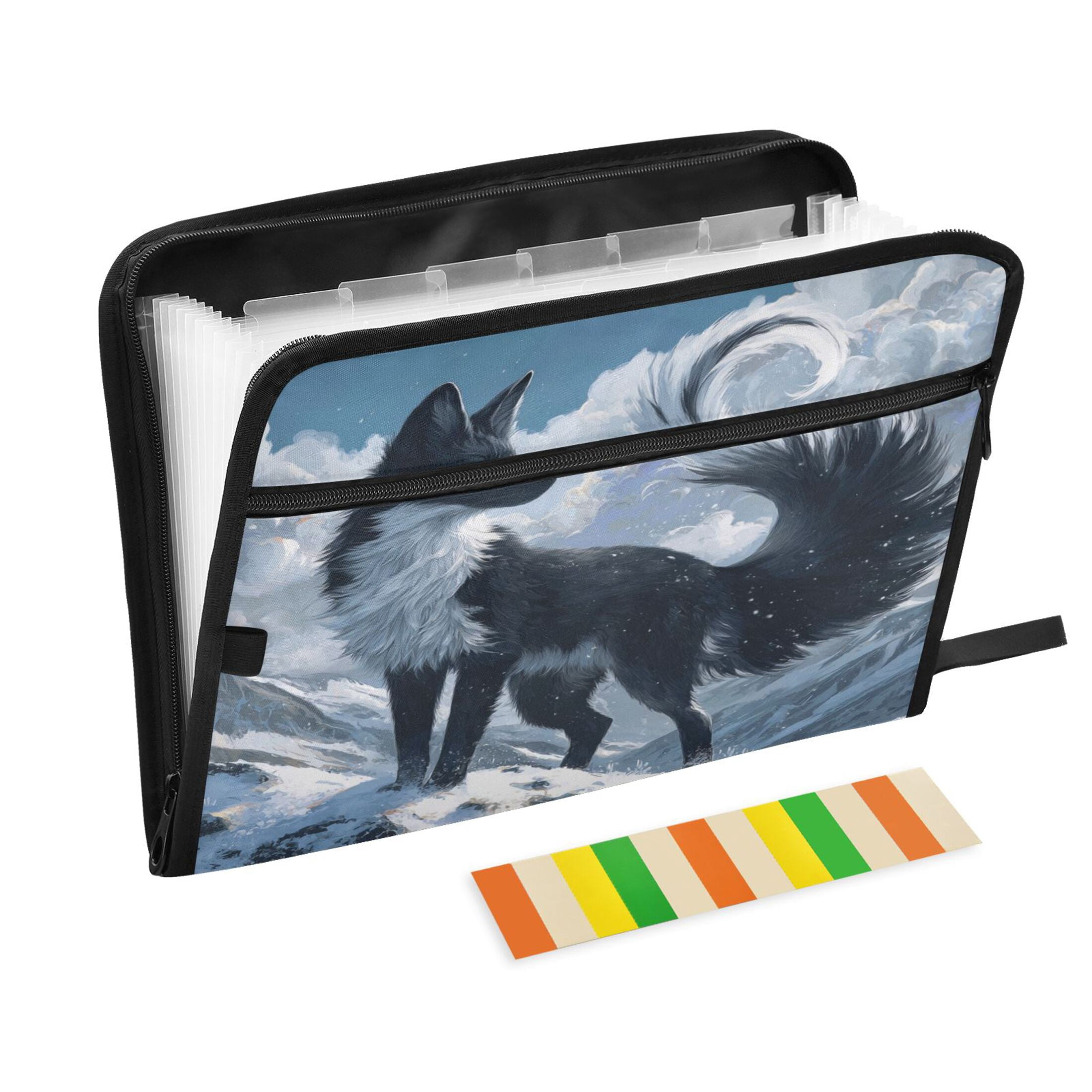 13-Pocket Expanding File Folder—Nylon Accordion File Organizer with Handwritten Labels, Black and White Animal Pattern