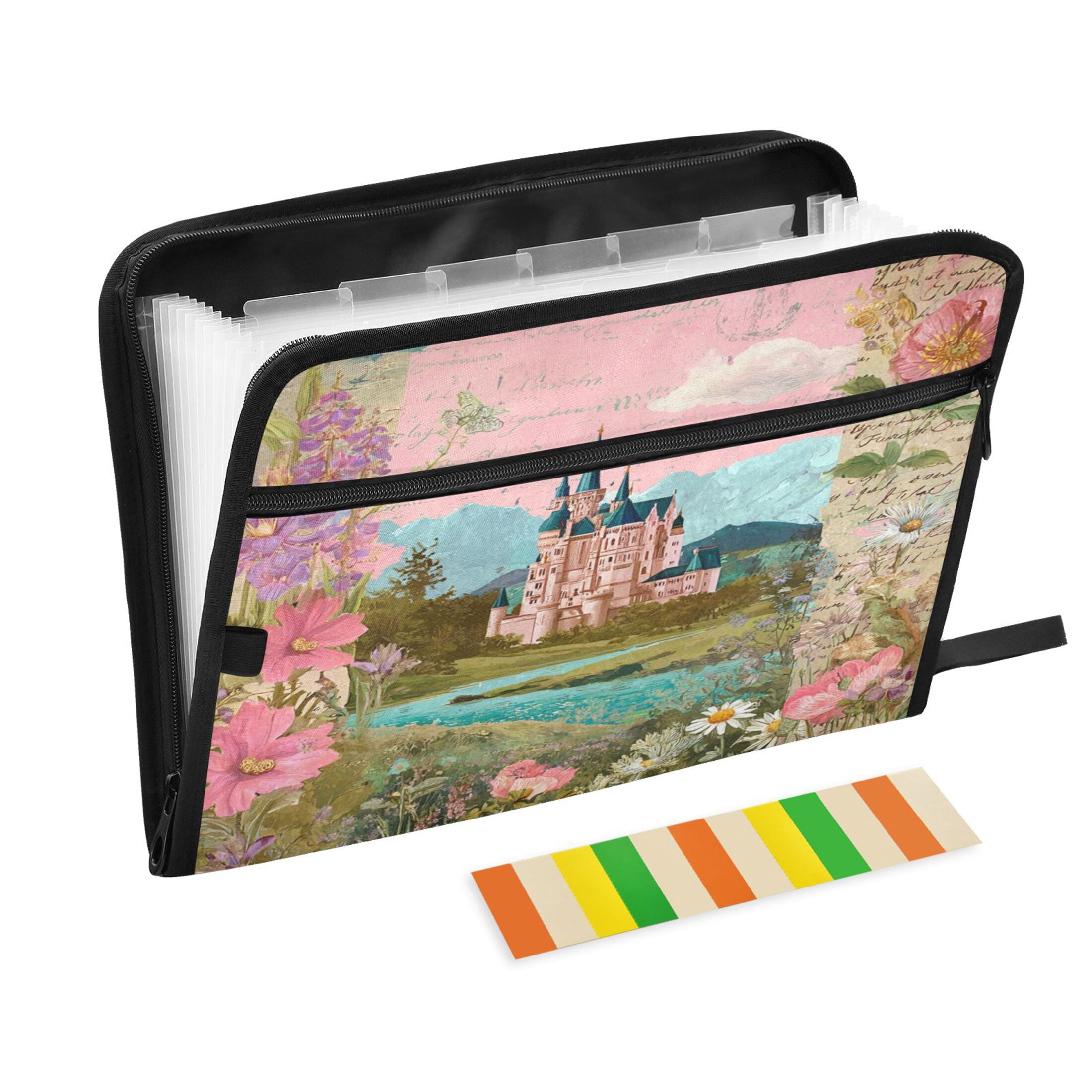 13-Pocket Expanding File Folder—Nylon Accordion File Organizer with Handwritten Labels, Castle Pattern