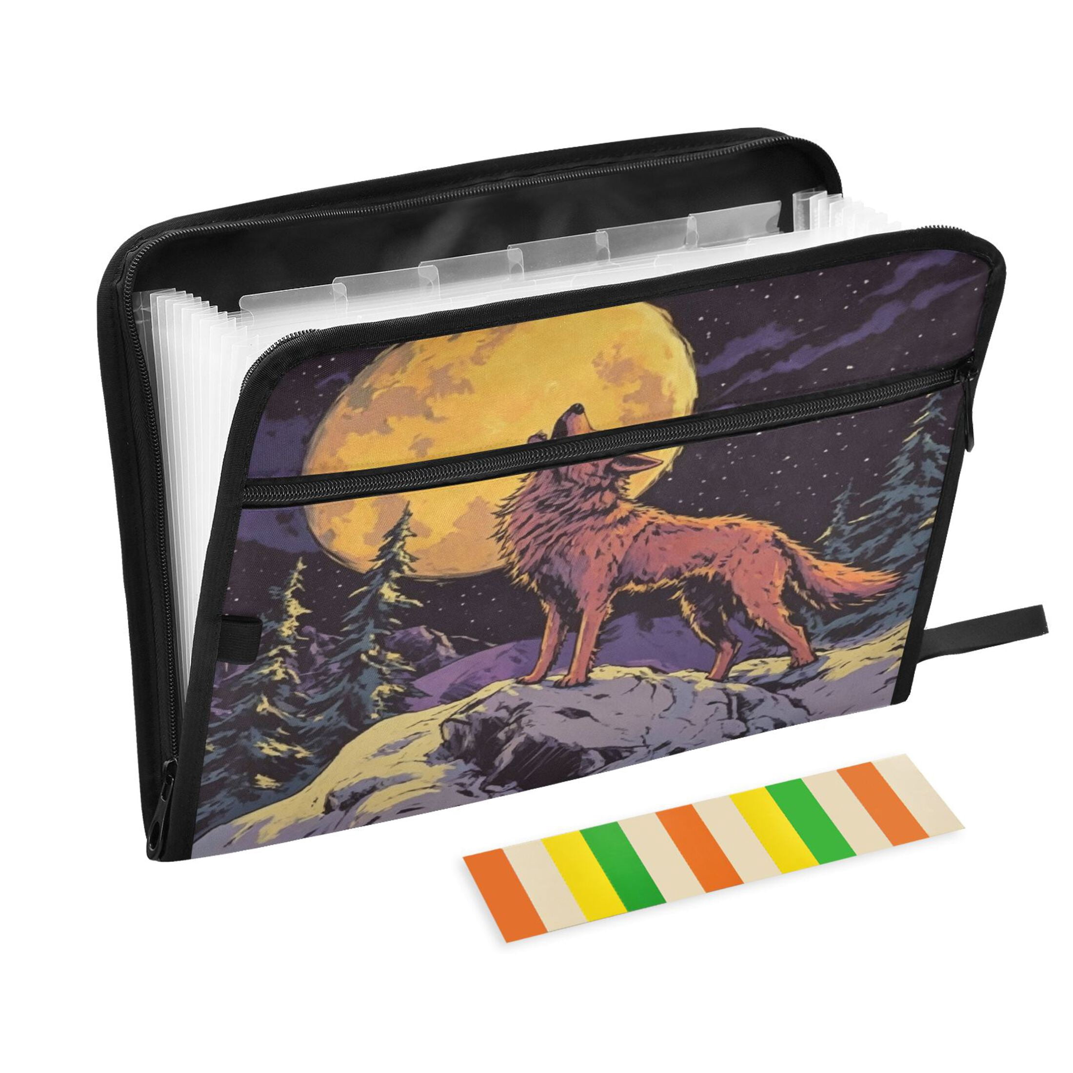 13-Pocket Expanding File Folder—Nylon Accordion File Organizer with Handwritten Labels, Moon Wolf
