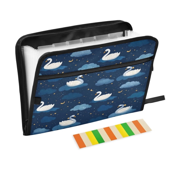 13-Pocket Expanding File Folder—Nylon Accordion File Organizer with Handwritten Labels, Swan