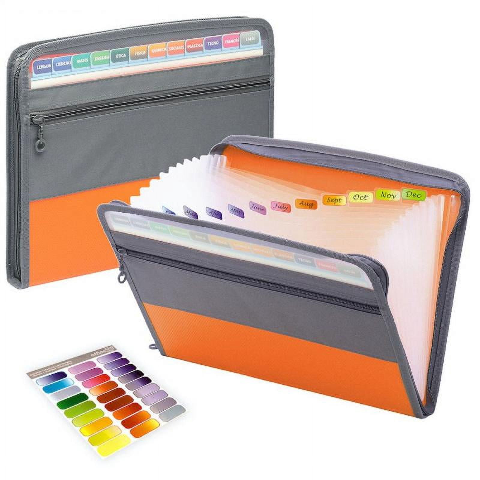 13 Pocket Expanding File Folder with Sticky Labels, Accordion File Folder Document Organizer Expanding Zip File Folder with Zipper Closure，Letter A4 Paper Document Accordion Folder, Gray
