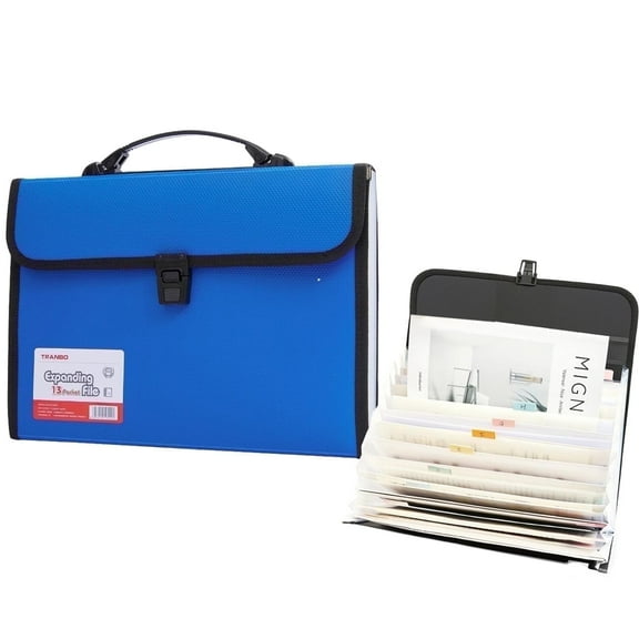 13 Pockets Expanding File Folder Organiser with Handle, TRANBO Accordion File Organiser, Plastic Document Wallet for Paperwork A4, Portable Filing Box for Travel School Office Home - Blue