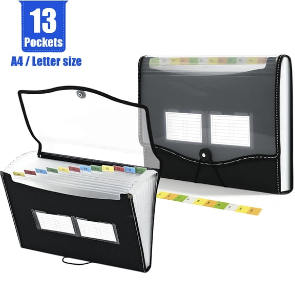 13 Pockets Expanding File Folder with Clear-View Window, Accordion File Organizer for A4/Letter Paper, Receipts, Bills, 1 Pack Black