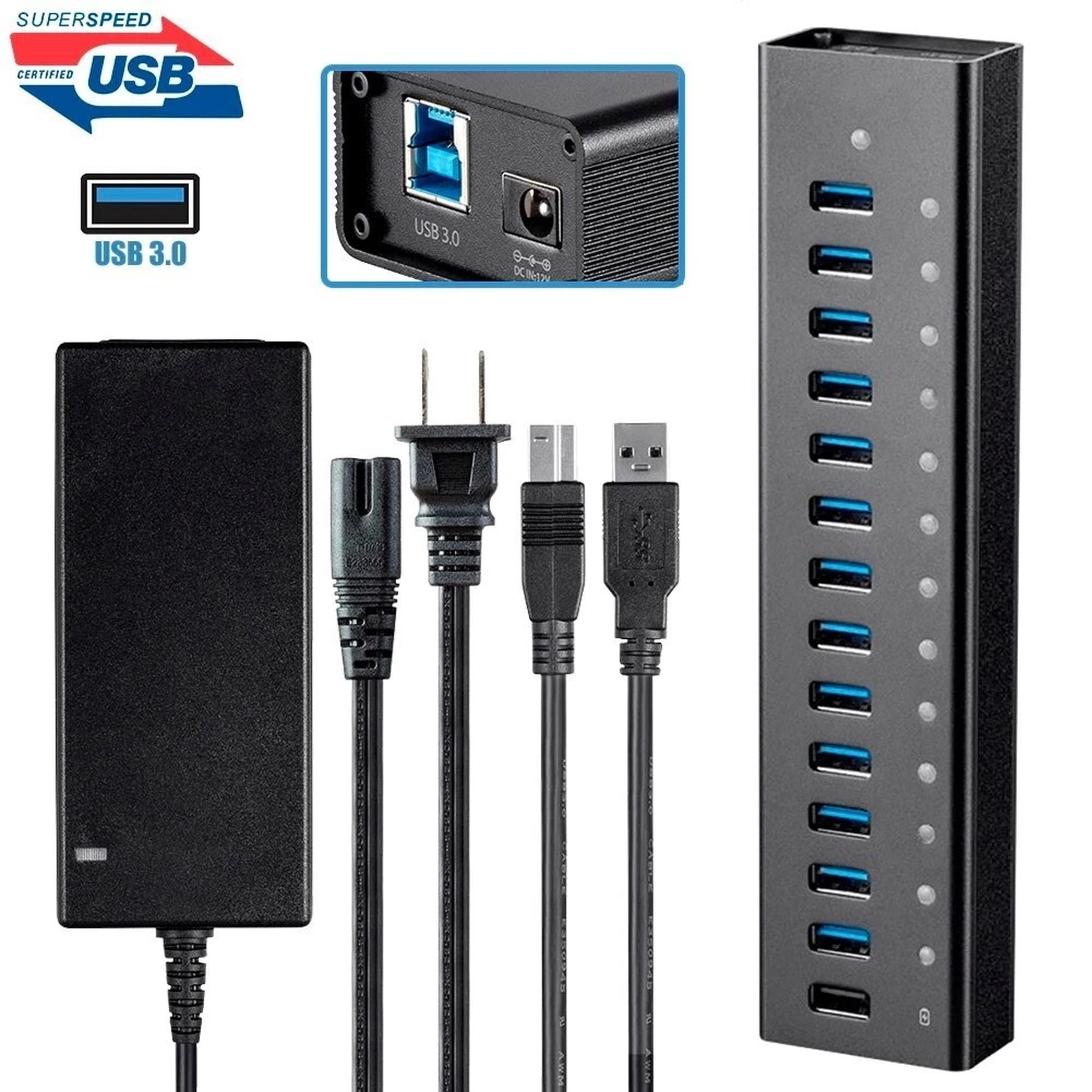 13 Port USB 3.0 Hub 5Gbps Super Speed w/ 2.4A Charging Port & AC Power Adapter