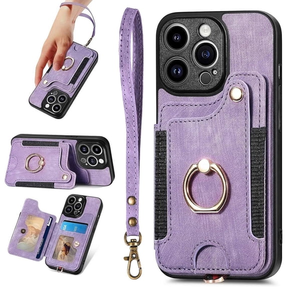 13 Pro Case,Card Holder Wallet for iPhone 13 Pro Case,Ring Holder Stand,RFID-Blocking,Wrist Strap,Camera Protector,Leather Magnetic Protective Flip Cover for iPhone 13 Pro Cases (Purple)