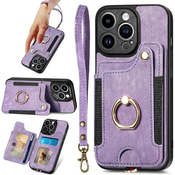 13 Pro Max Phone Case,Card Holder Wallet for iPhone 13 Pro Max Case,Ring Holder Stand,RFID-Blocking,Wrist Strap,Camera Lens Protector,Leather Protective Flip Cover for Women Men (Purple)