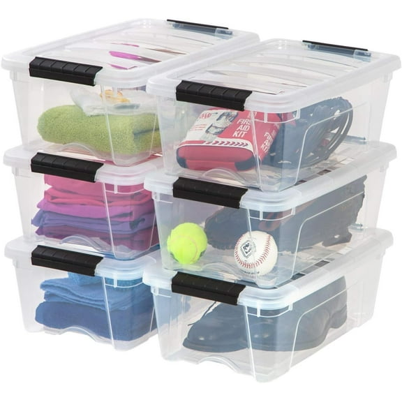 13 QT Plastic Storage Box with Lid and Latches - 6 Pack - BPA-Free, See-Through Organizing Solution, Durable Nestable Stackable Containers, Secure Pull Handle - Clear