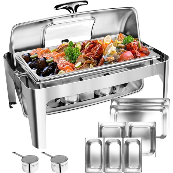 13 QT Roll Top Chafing Dish Buffet Set, Stainless Steel Food Warmer with Perspective Window for Parties, Birthday, Hotels and Weddings,1 Full&2 Half&3 Third Size Food Pan and 1 Water Pan
