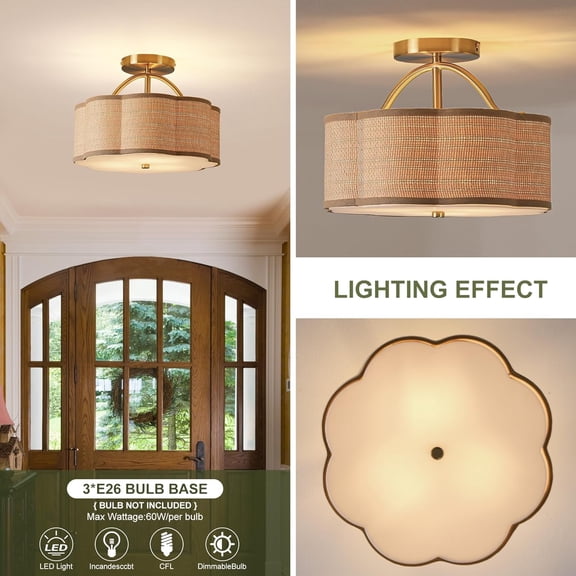 13" Rattan Semi Flush Mount Ceiling Light 3-Light Boho Mini Chandelier Ceiling Light Flush Mount for Hallway,Entrance,Kitchen,Bathroom,Bedroom,Living Room