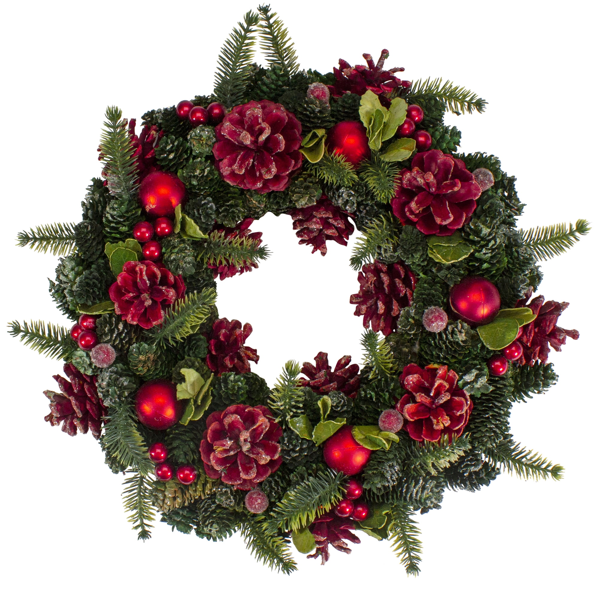 13" Red and Green Pine Cone and Ornament Christmas Wreath