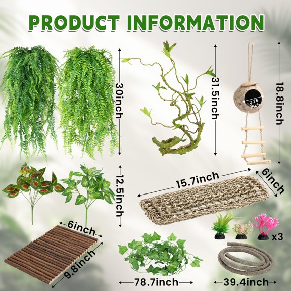 13 Reptile Terrarium Decor Set, Hanging Vines Artificial Plants with Suction Cups for Bearded Lizard Gecko