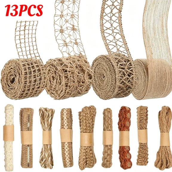 13 Rolls Jute Ribbons Lace Craft Ribbon 26m for Crafts Wraping Gifts Party Holiday and Rustic Wedding Decorations