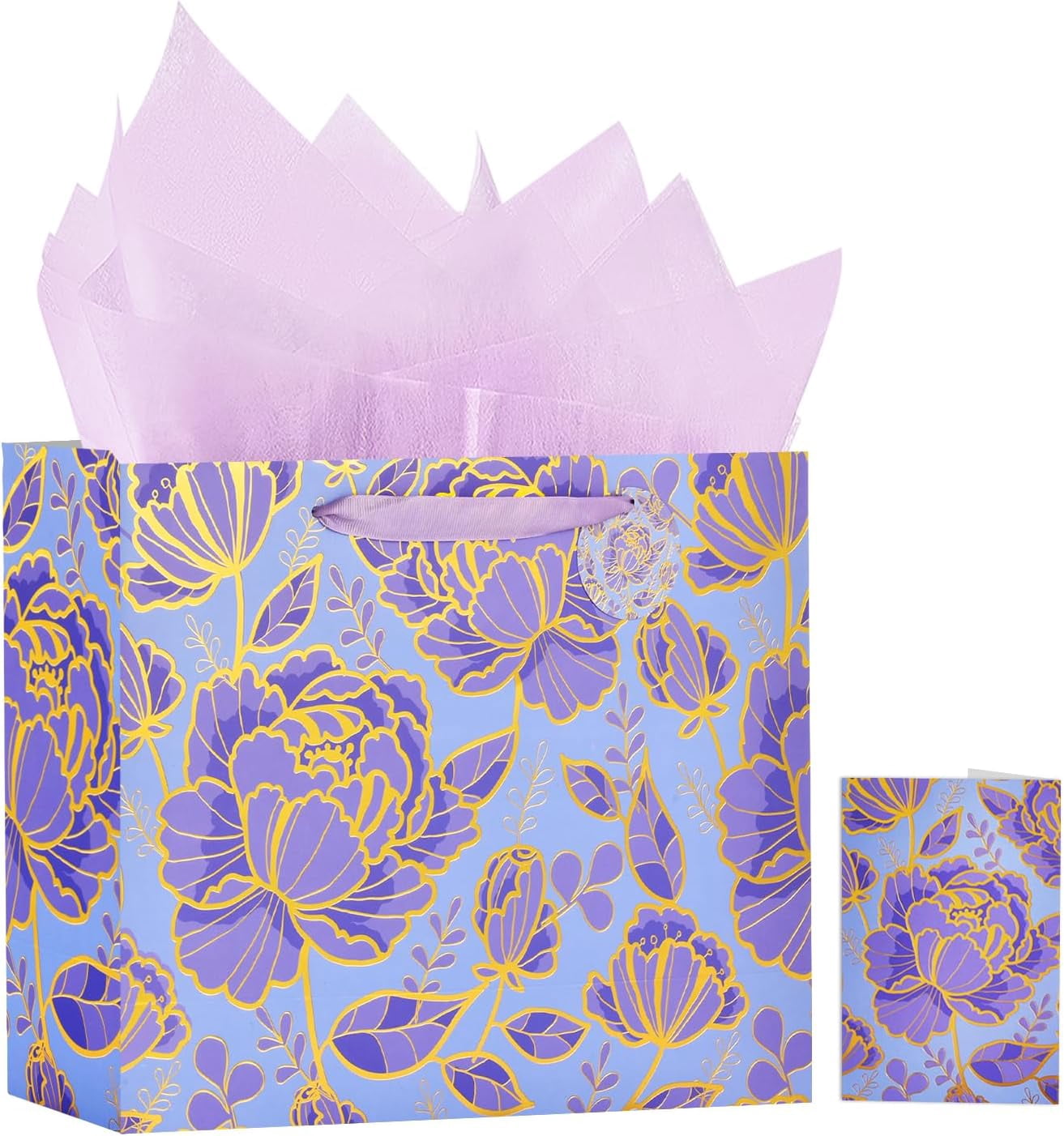 13" Rose Purple Large Gift Bag with Card and Tissue Paper for women Celebrating Birthdays, Valentine's Day, Weddings, Anniversaries, Mother's Day, Easter, Baby Showers(Purple,1PCS Flower Gift Bag)