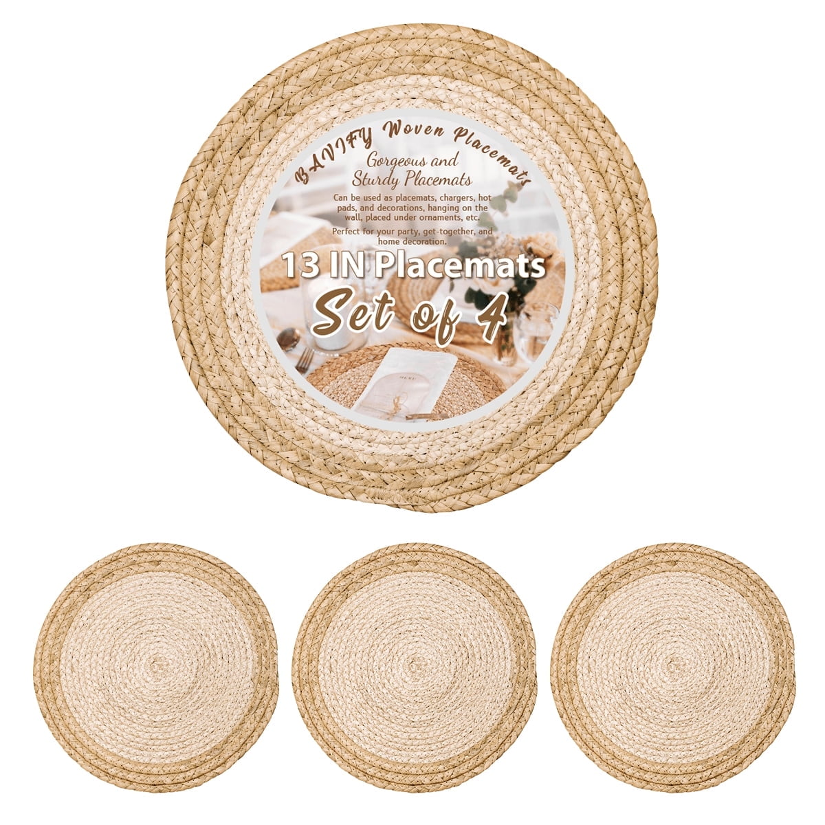 Set Of 6 Round Woven Placemats - 13" Boho Rattan, Water Hyacinth, Heat-Proof Table Chargers (Rustic Decor)