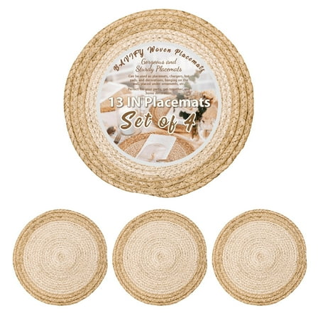 13 in Round Woven Placemats Plate Chargers Set of 4, Boho Farmhouse Rustic Place Mats for Dinner Plates, Rattan Wicker Braided Table Mats Chargers for Dining Table Decor