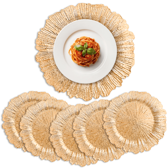 13" Round Gold Floral Reef Charger Plates Set of 6, Decorative Plastic Plate Chargers for Wedding Receptions, Dinner Parties & Tabletop Event Decor