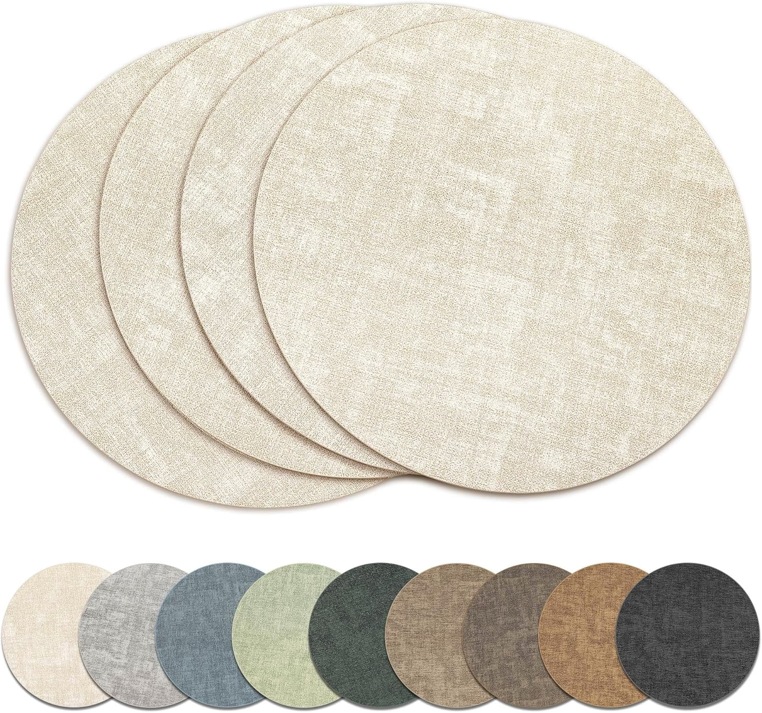 13" Round Placemats Set of 4, Reversible Faux Leather Heat Resistant Table Mats, 100% Waterproof Oilproof Wipeable Table Protective Placemats for Vinyl, Washable for Indoor & Outdoor Use