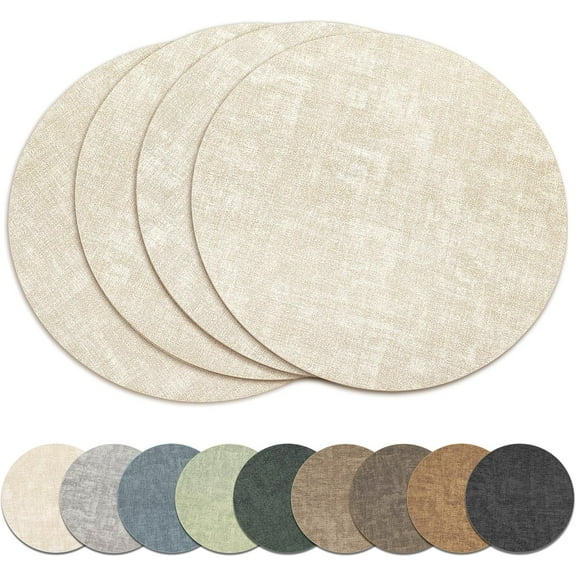 13" Round Placemats Set of 4, Reversible Faux Leather Heat Resistant Table Mats, 100% Waterproof Oilproof Wipeable Table Protective Placemats for Vinyl, Washable for Indoor & Outdoor Use (4, Beige)