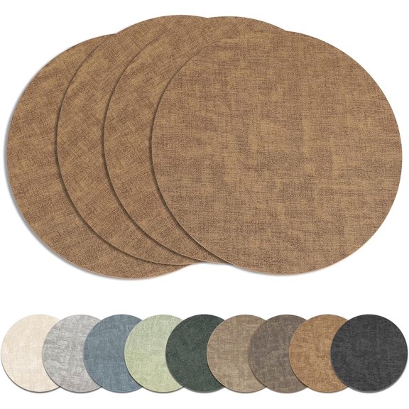 13" Round Placemats Set of 4, Reversible Faux Leather Heat Resistant Table Mats, 100% Waterproof Oilproof Wipeable Table Protective Placemats for Vinyl, Washable for Indoor & Outdoor Use