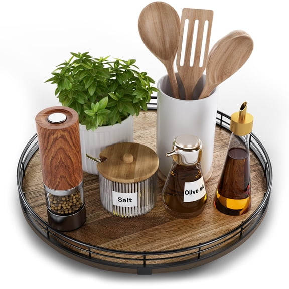 13" Round Wooden Lazy Susan Turntable Organizer for Kitchen, Bathroom, and Tabletop