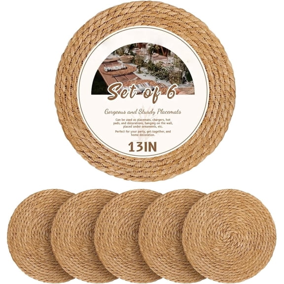 Set of 6 Round Woven Plate Chargers, 13" Boho Farmhouse Placemats for Dining Table. Rustic Rattan Wicker Chargers for Dinner Plates & Home Decor.