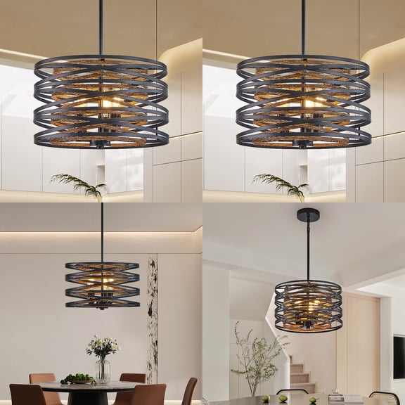 13” Rustic Industrial Pendant Light 3-Light Black and Walnut Metal Cage Chandelier with Wood Accents for Kitchen Island and Dining Room (No Bulbs)