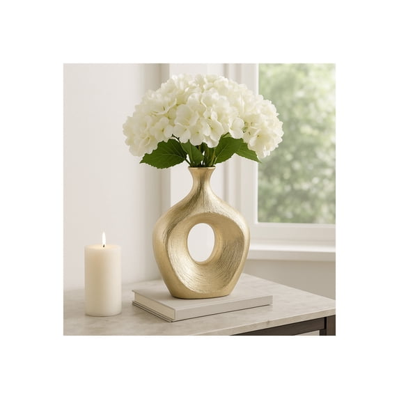 Elegant Ceramic Vase with Hollow Center for Living Room Decor - Contemporary Flower Vase for Home Decor and Room Display - Sculptural Accent for Bedroom, House, Office and Table - 13", Gold
