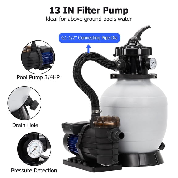 13" Sand Filter Pump - 2Lb Filter Ball, 3434GPH 3/4HP Pool Sand Filter for Above Ground and Inground Pool Up to 8500 Gallons,with 6-Way Multi-Port Valve & Strainer Basket Easy Installation