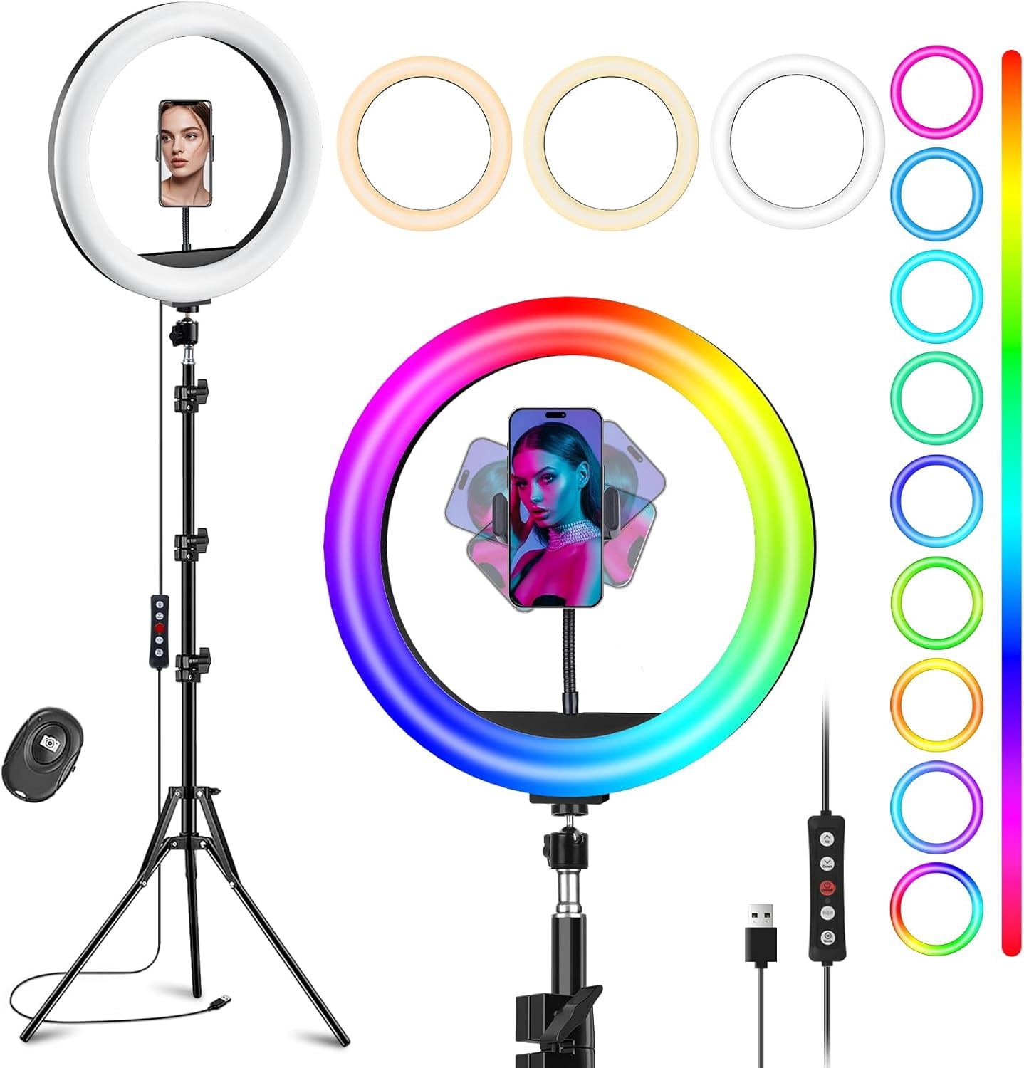 13" Selfie Ring Light with 63" Stand and 3 Phone Holder, 53 Lighting Modes, iPad Holder, Remote, Desk Tripod, RGB Ringlight for iPhone. Vlogging Circle Led Halo Light Photo Video Kit