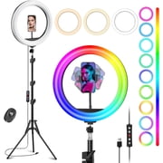 13" Selfie Ring Light with 63" Stand and 3 Phone Holder, 53 Lighting Modes, iPad Holder, Remote, Desk Tripod, RGB Ringlight for iPhone. Vlogging Circle Led Halo Light Photo Video Kit