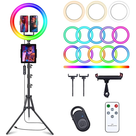 13" Selfie Ring Light with 76" Tripod Stand & 3 Phone Holder, LED Camera Ringlight with 48 RGB Colors Modes & Musical Rhythm Mode and 12 Brightness Dimmable for Makeup/Photography/Videos/Vlog/TikTok