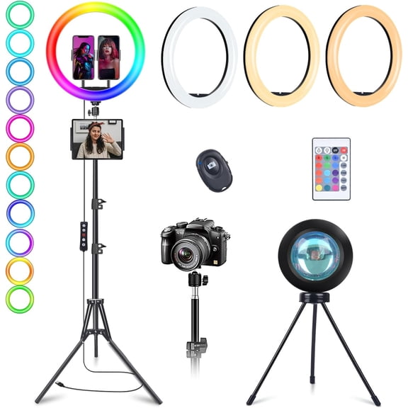 13" Selfie Ring Light with Stand 76" Tall & 2 Phone Holders, Tablet Holder, Sunset Lamp & 51 Color Modes, Desk Tripod, 12 Dimming Levels Halo Light, Christmas Ringlight for //YouTube