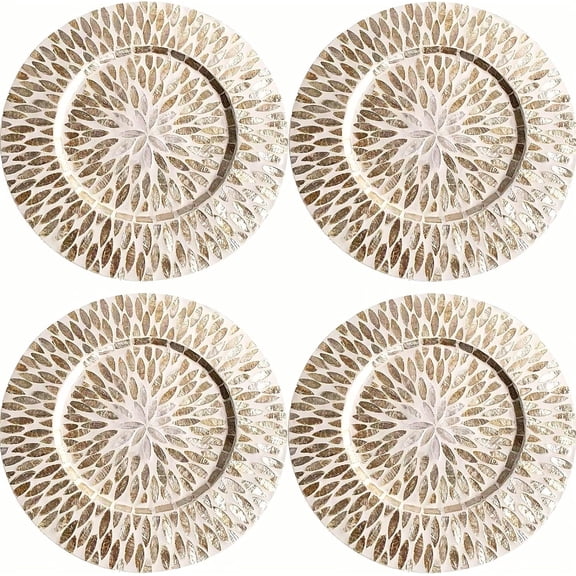 13" Set of 4 Wooden Mother of Charger Plates with Golden Leaf Inlay - Round Decorative Underplates - Glamorous Table Setting for Holiday Parties & Special Events