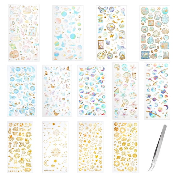 13 Sheets 3D Resin Stickers Space Sticker Colorful Planet Star Cat Starfish Decals Self-Adhesive Stickers with TweezersDIY