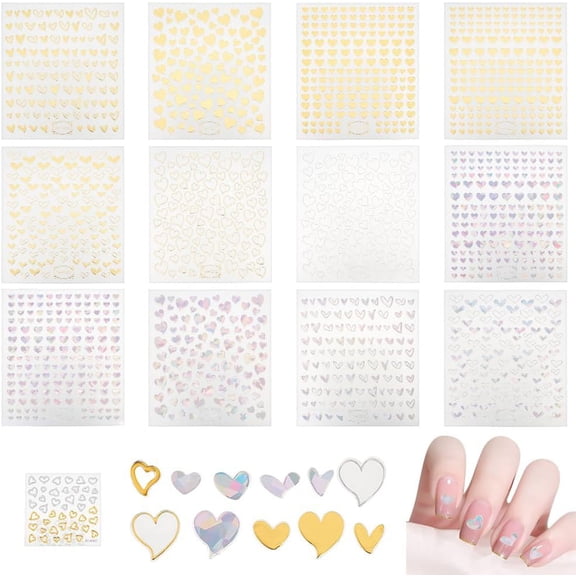 13 Sheets Heart Theme Nail Art Stickers Heart Self-Adhesive Nail Art Decals Bronzing Laser Hearts Nail Decal for DIY Nail Decals Design Manicure Decoration Scrapbooking Colorful