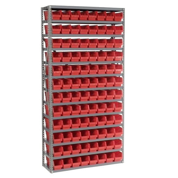 13 Shelf Steel Shelving with (96) 4"H Plastic Shelf Bins, Red, 36x12x72