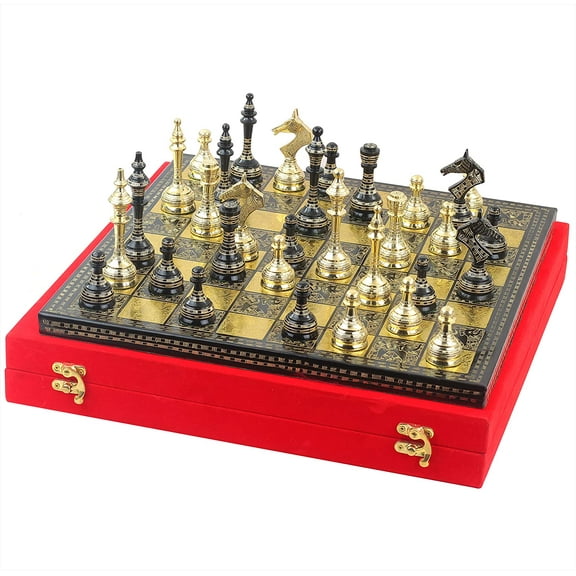 13" Solid Brass Chess With Storage Case - (Black & Gold)