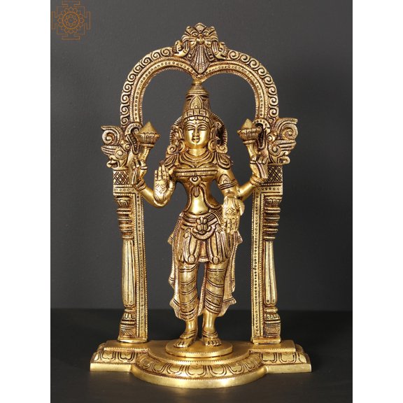13" Standing Goddess Lakshmi Brass Statue with Kirtimukha Prabhavali