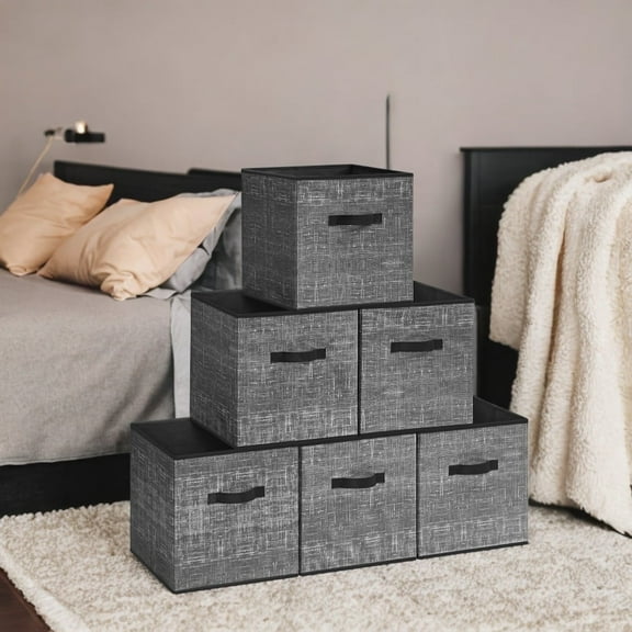 13" Storage Cube Bin 6 Foldable Fabric Storage Bin with Double Handles for Living Room Bedroom Office Black