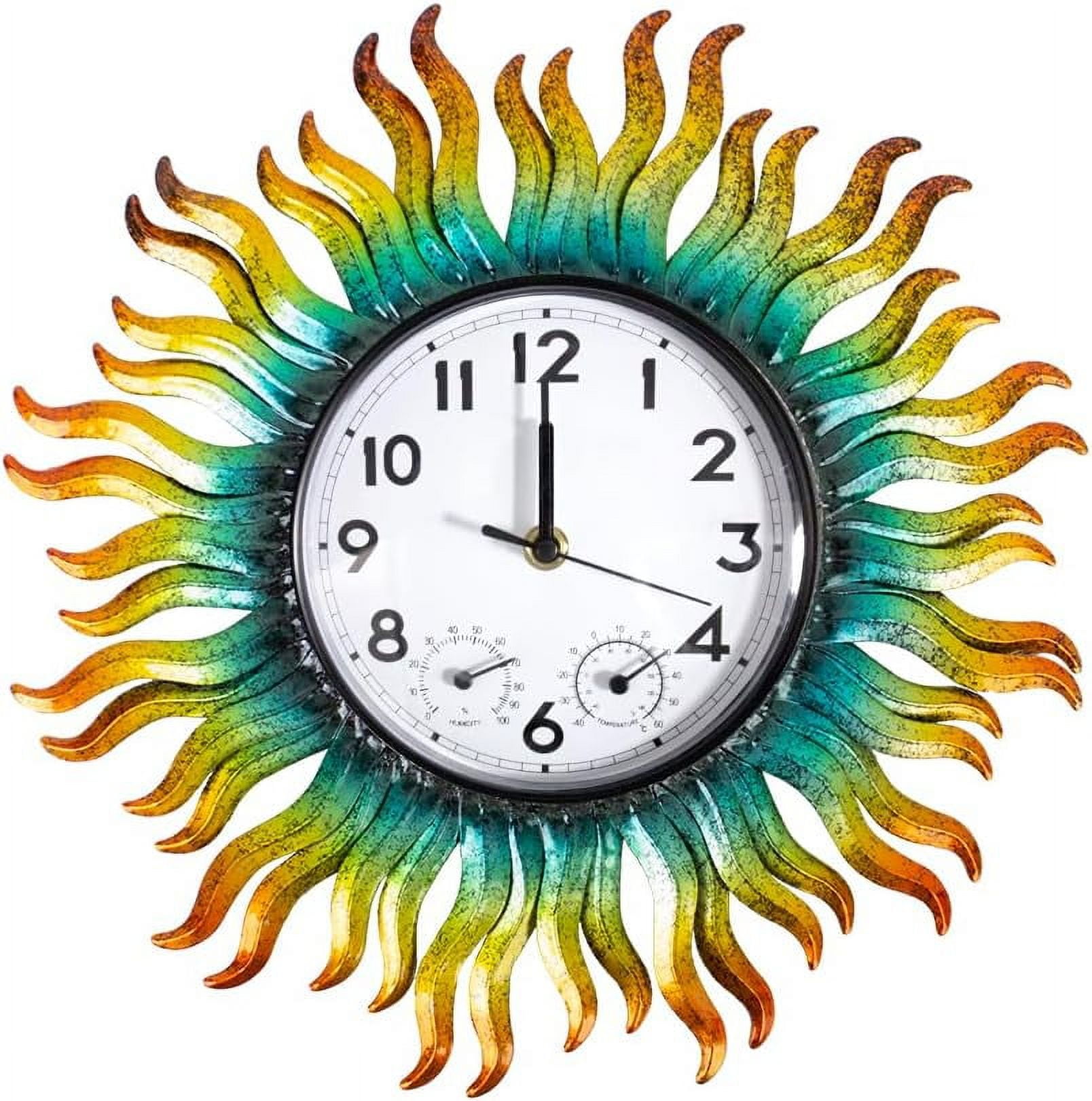 13'' Sun Outdoor Clock, Wall Clock with Thermometer & Humidity Silent