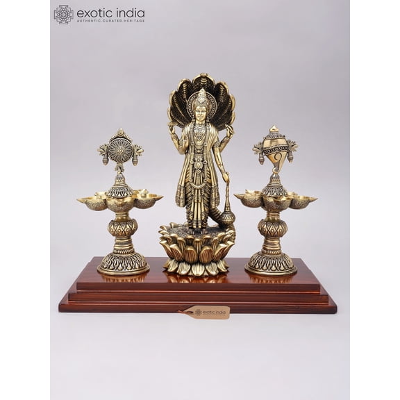 13" Superfine Standing Lord Vishnu on Lotus with Shankha Chakra Lamps | Brass Statue on Wood Base